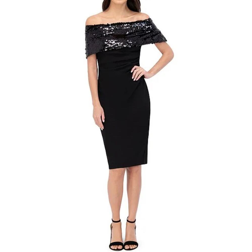 Vince Camuto Women's Off the Shoulder Sequin Solid Sheath Black Dress Size 2